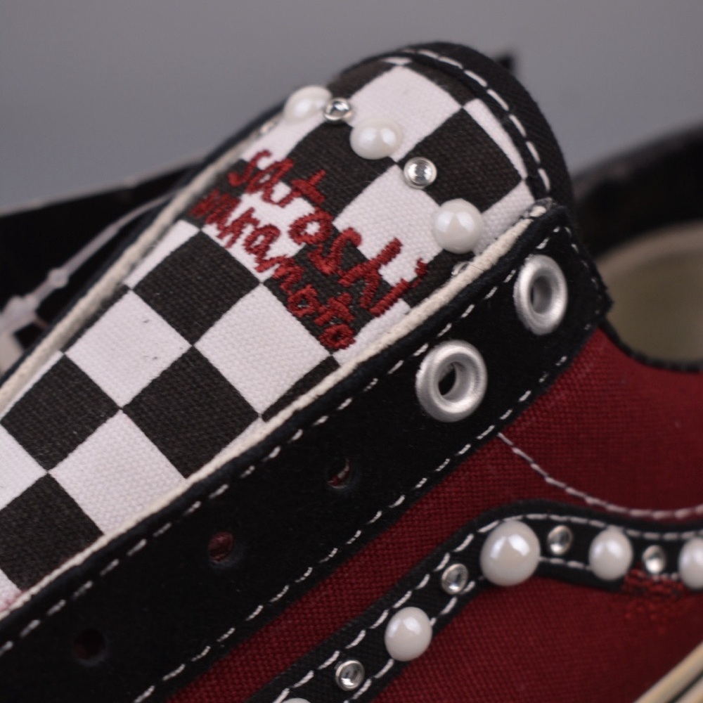Vans Burgundy Black Checkerboard Studded Low-Top Sneakers - Picture 5 of 9